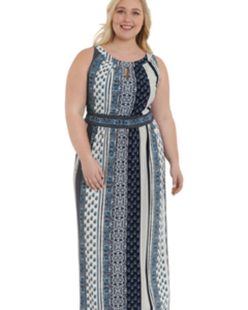Front of a model wearing a size 1X Candy Halter Maxi Dress in WHITE/BLUE by London Times. | dia_product_style_image_id:268587